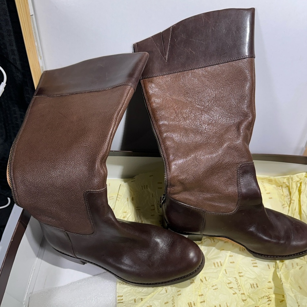 Fossil Two-Tone Brown Over-the-Knee Leather Boots Elizabeth Riding Espresso